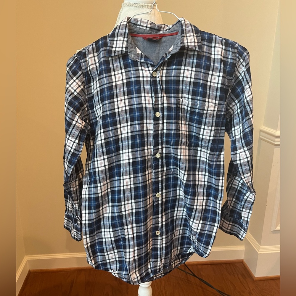 Gap Kids Boys Blue & White Plaid Long Sleeve Button Up- XL/12